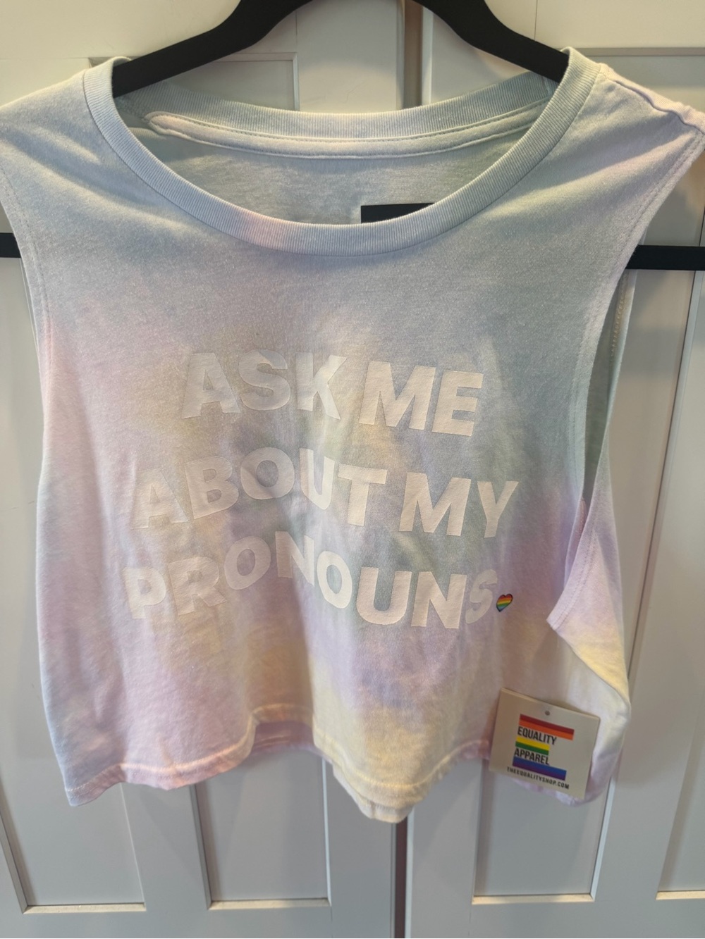 NWT-Size Med. Equity Apparel Pastel Tie-Dye "Ask Me About My Pronouns" Tank